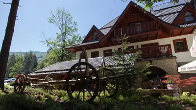 a building with a cannon in front of it at Pokoje w Oberży Czarny Groń in Rzyki