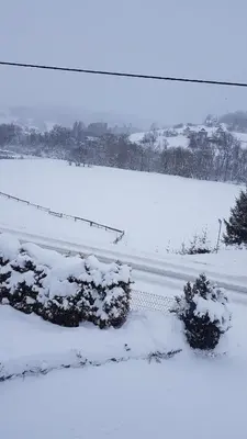a snow covered field with bushes and a fence at Staś -przy szkole nr 3 w Skawie in Skawa