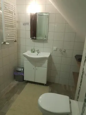 a bathroom with a toilet and a sink at Staś -przy szkole nr 3 w Skawie in Skawa