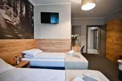 a hotel room with two beds and a tv at Villa Natura Zator Przeciszów in Zator