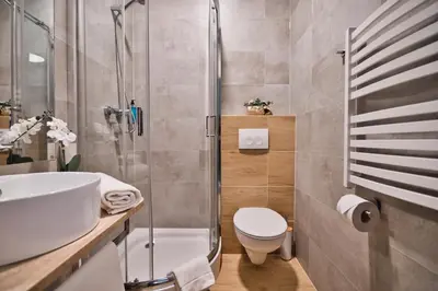 a bathroom with a shower and a toilet and a sink at Villa Natura Zator Przeciszów in Zator