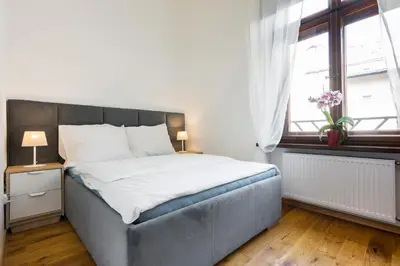 a bedroom with a large bed and a window at Bridge Apartments 6 in Kraków