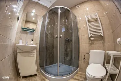 a bathroom with a shower and a toilet and a sink at Domek u Mai in Zator