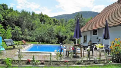 a backyard with a swimming pool and a house at Podelniska in Porąbka