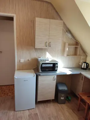a kitchen with a counter with a toaster and a refrigerator at Podelniska in Porąbka