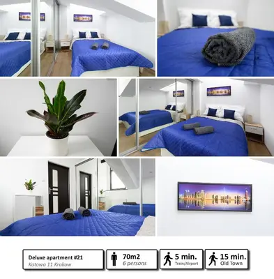 a collage of photos of a bedroom with blue sheets at Station Apartments Katowa 11 in Kraków