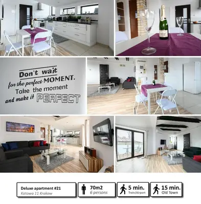 a collage of three pictures of a living room and a kitchen at Station Apartments Katowa 11 in Kraków