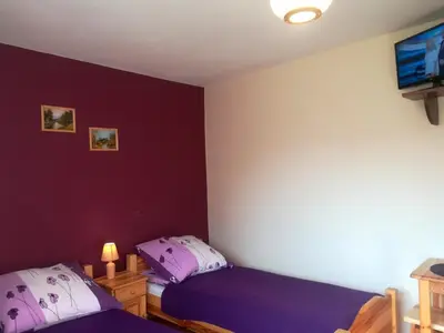 a bedroom with two beds and a purple wall at Agroturystyka SKALNE in Szczawa