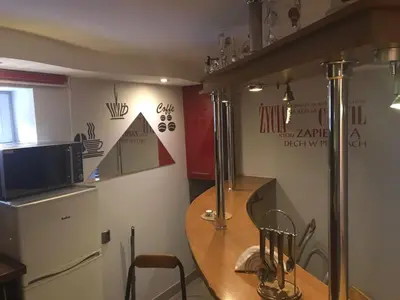 a kitchen with a counter with a sink and a table at Studio Roxi in Bachowice