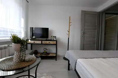 a bedroom with a bed and a table with a tv at Apartament Spytkowice - ENERGYLANDIA KRAKÓW OŚWIĘCIM WADOWICE in Spytkowice