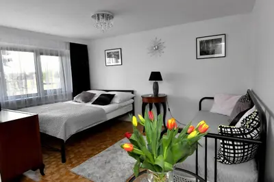 a living room with a couch and a table with flowers at Apartament Spytkowice - ENERGYLANDIA KRAKÓW OŚWIĘCIM WADOWICE in Spytkowice