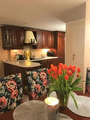 a kitchen with a table with a vase of flowers on it at Dom Gościnny Krystyna - ENERGYLANDIA, SPYTKOWICE, ZATOR in Spytkowice
