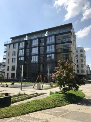 a large black building with a tree in front of it at Moss Apartment in Kraków