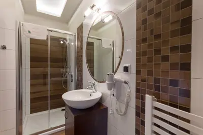 a bathroom with a sink and a shower at Hotel Górski Raj in Koninki