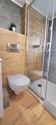 a bathroom with a shower with a toilet and a sink at Pokoje i Apartamenty na Szkolnej in Zator