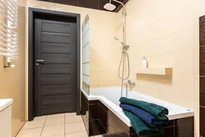 a bathroom with a bath tub and a shower at Apartamenty Niko in Zator