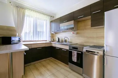 a kitchen with stainless steel appliances and wooden cabinets at Bulwary Mszańskie - Domki Całoroczne in Mszana Dolna