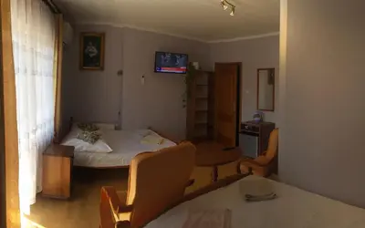 a small room with a bed and a table at Pensjonat Przy Błoniach in Kraków