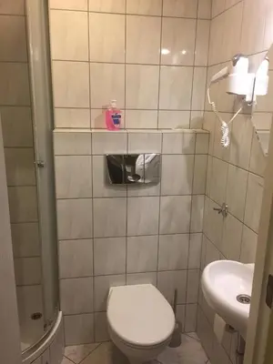 a bathroom with a toilet and a sink at Pensjonat Przy Błoniach in Kraków