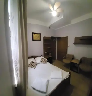 a bedroom with a bed and a ceiling fan at Pensjonat Przy Błoniach in Kraków