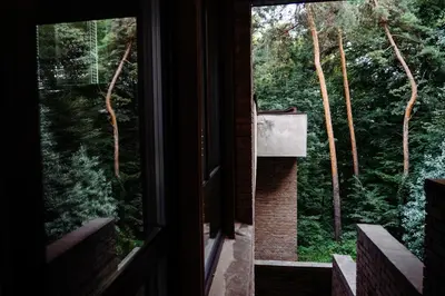 a room with a window looking out into a forest at Forest Hotel in Kraków