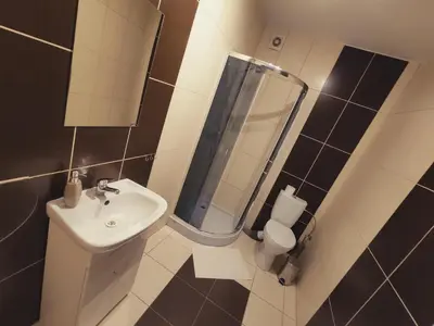 a bathroom with a sink and a shower and a toilet at Pensjonat Zacisze in Czchów
