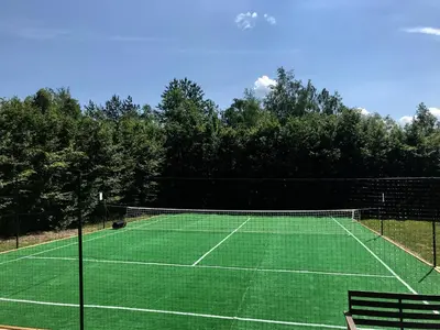 a tennis court with a net and some trees at Pensjonat Zacisze in Czchów
