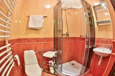 a bathroom with a shower and a toilet and a sink at Hotel Wiosna in Rabka