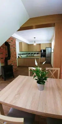 a kitchen with a wooden table with a potted plant at Przy Dolinie in Paczółtowice