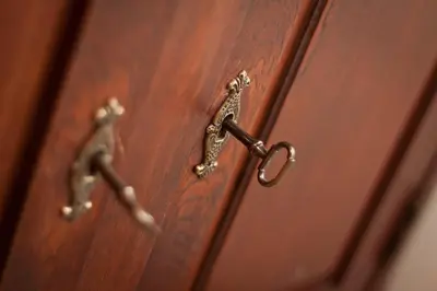 a wooden door with a bronze door knob at Da Vinci Apartment in Kraków