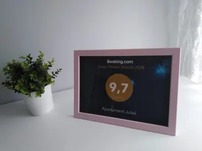 a clock sitting on a table next to a plant at Apartament Antek klimatyzowany in Oświęcim