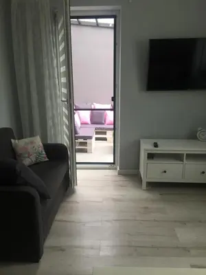 a living room with a couch and a tv and a table at Apartament Antek klimatyzowany in Oświęcim