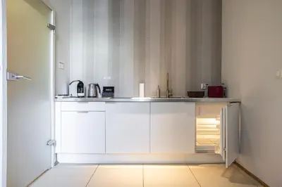 a white kitchen with a sink and a refrigerator at Straszewskiego 24 Boutique Apartments in Kraków