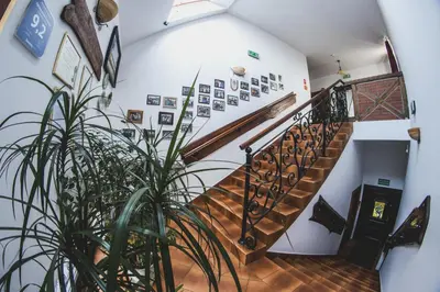a staircase in a house with a potted plant at Dworek Galicyjski in Oświęcim