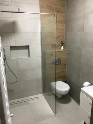 a bathroom with a glass shower with a toilet at Silver Residence in Rabka
