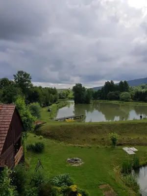 a view of a river with a barn and a field at Na Stawach in Stryszów