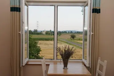 a vase on a table in front of a window at Lawendowe Siedlisko in Zator