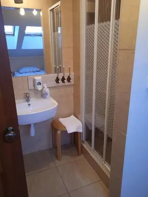 a bathroom with a sink and a mirror at Lawendowe Siedlisko in Zator