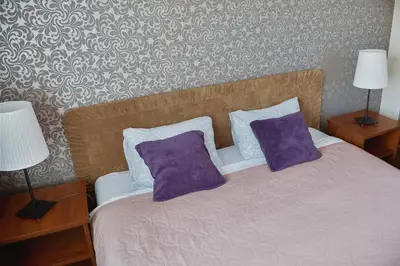 a bedroom with a bed with purple pillows at Villa Green in Oświęcim