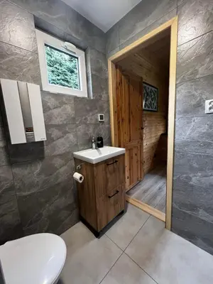 a bathroom with a toilet and a sink at Bacówka na Leśnej in Po”łwieś