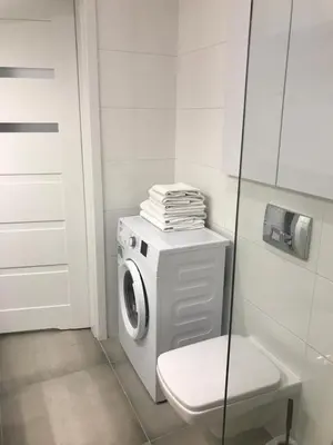 a bathroom with a washing machine and a toilet at Klimatyczny apartament przy bocheńskim Rynku. in Bochnia