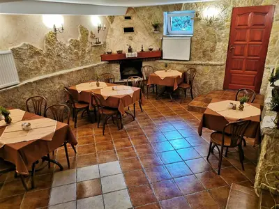 a restaurant with tables and chairs and a fireplace at Dom pod Tujami in Kraków