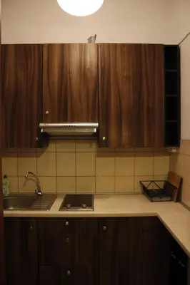 a kitchen with wooden cabinets and a sink at Za Rabą in Myślenice