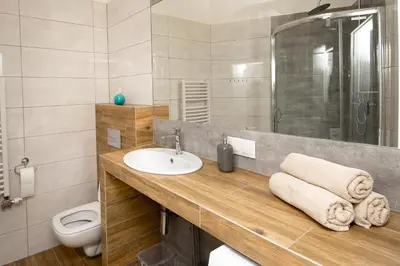 a bathroom with a sink and a shower and a toilet at Blue Apartment Old Town Air Condition p4you pl in Kraków