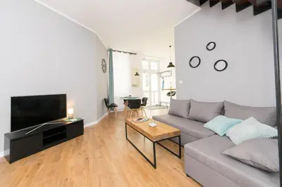 a living room with a gray couch and a tv at Blue Apartment Old Town Air Condition p4you pl in Kraków