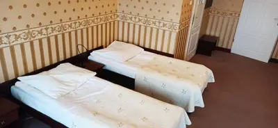 two twin beds in a room with a wall at Pańska Góra in Jaworzno