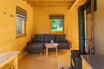 a living room with a couch in a log cabin at Jeżowa Woda Ośrodek Wypoczynkowy Palmiarnia i SPA in Przyszowa