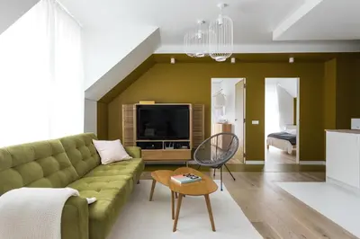 a living room with a green couch and a tv at Colors Apartments Zator - tylko 10 minut piechotą od Energylandii in Zator