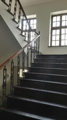 a stair case in a building with black stairs at Leonardo in Kraków