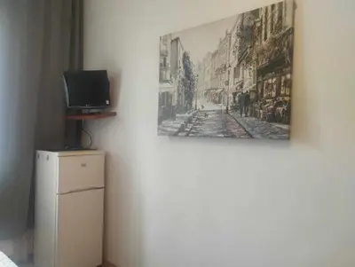 a painting on a wall with a television on top of a refrigerator at Your trip apartment (2) in Kraków